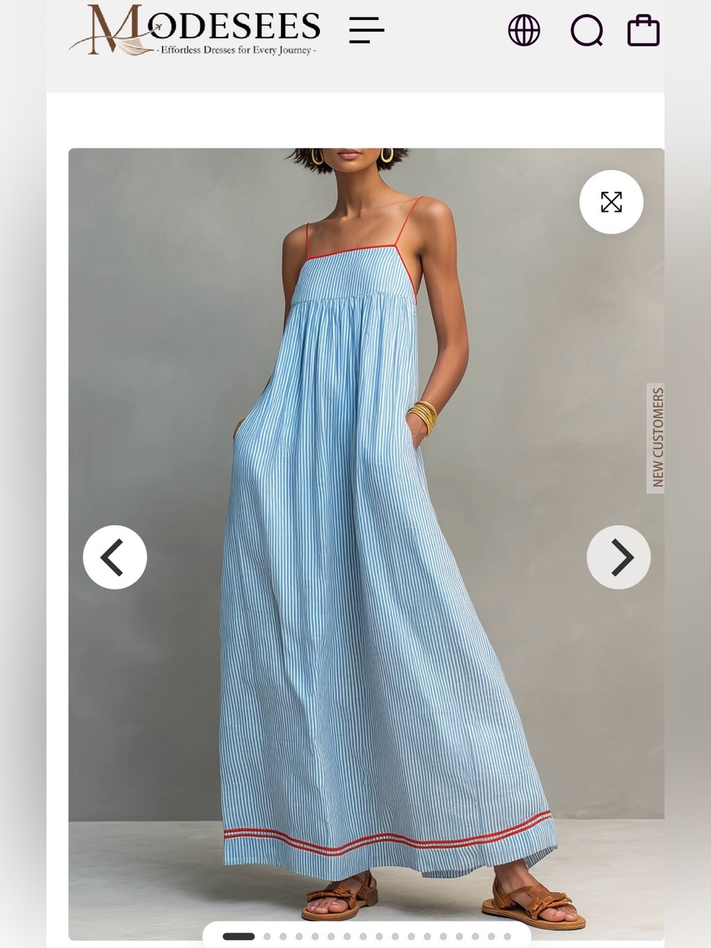Blue Striped Maxi Dress with Red Trim